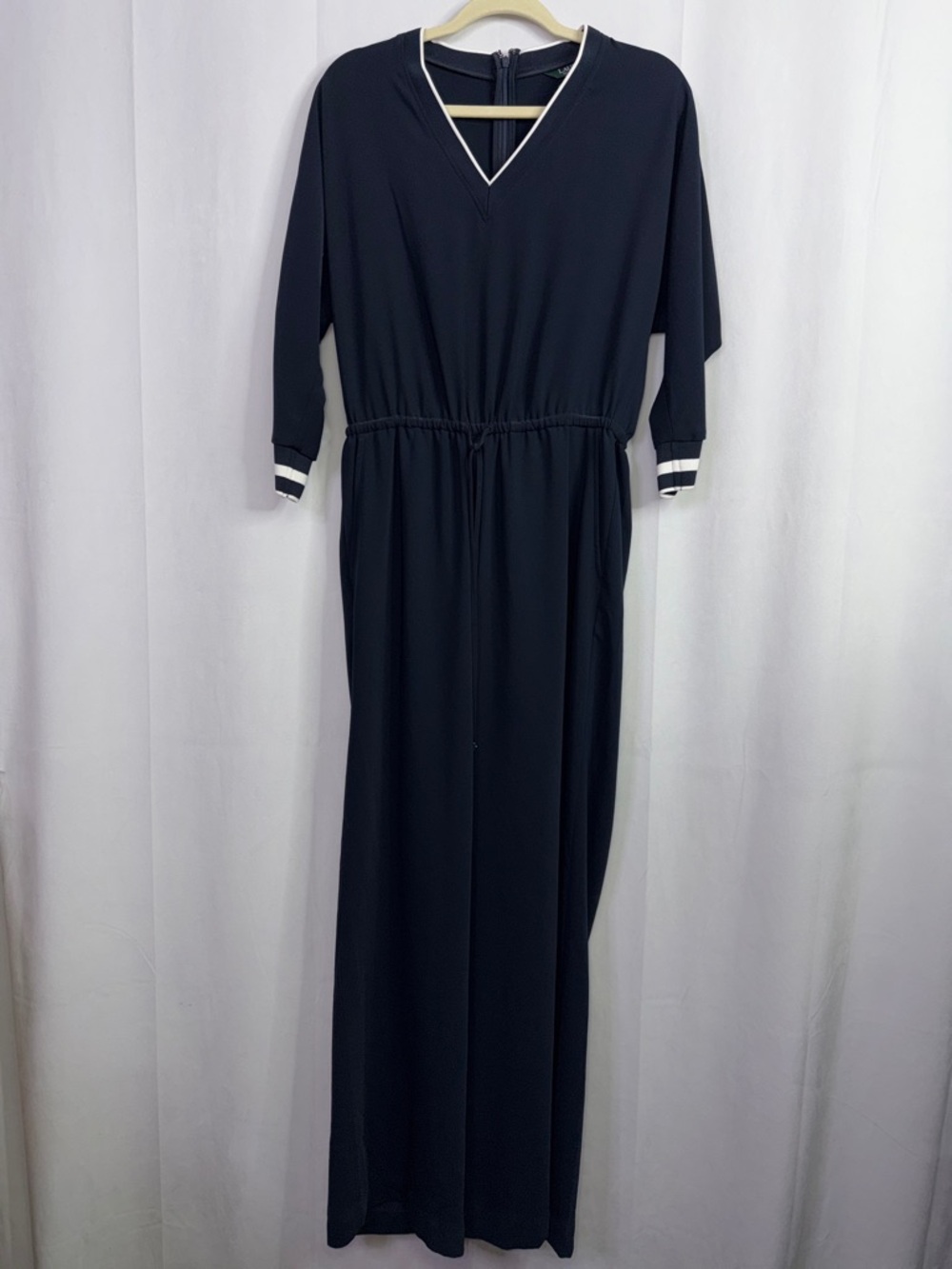 Ralph Lauren Womens Wide Leg Jumpsuit Sz 4 Navy 3/4 Sleeves V Neck Nautical
